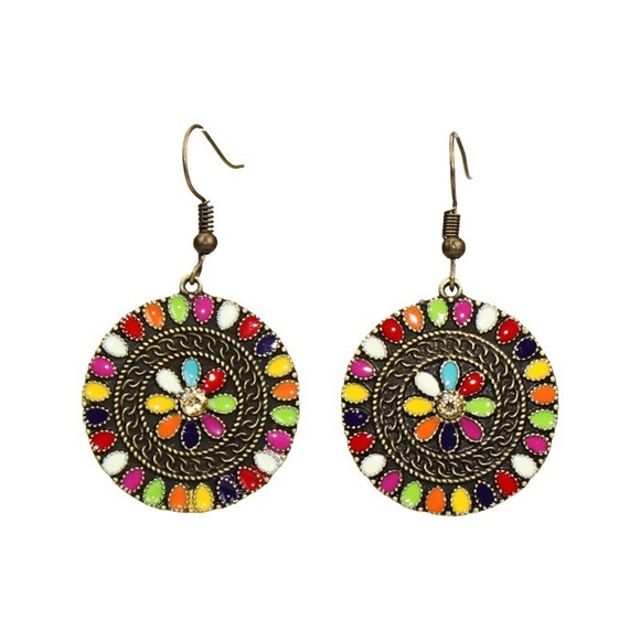 🔥3/$20 Sale🔥 Antique Gold Multi Color Medallion Earrings - Picture 3 of 3